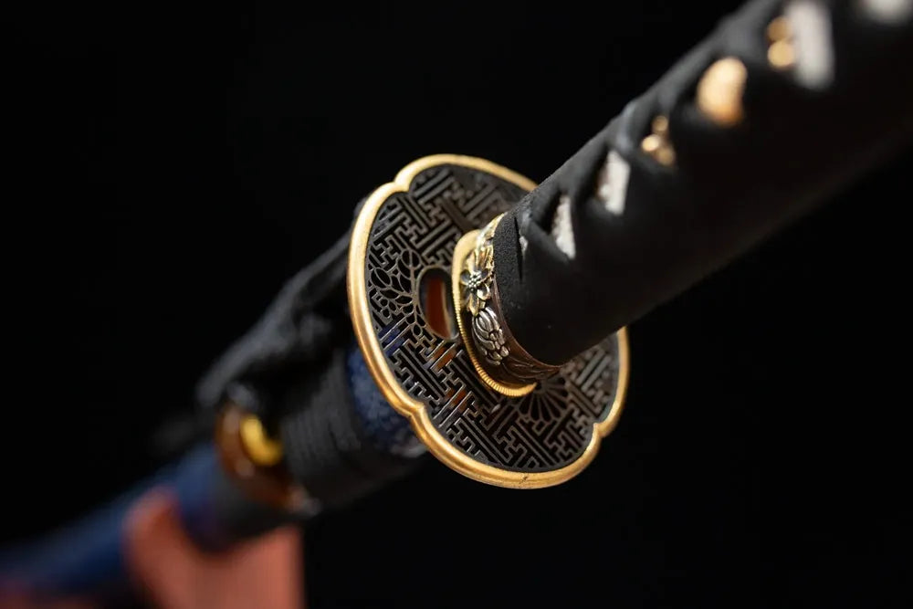 Reverse‑side moon‑star‑cloud carving ice‑blue silver‑gild tsuba surface texture close‑up