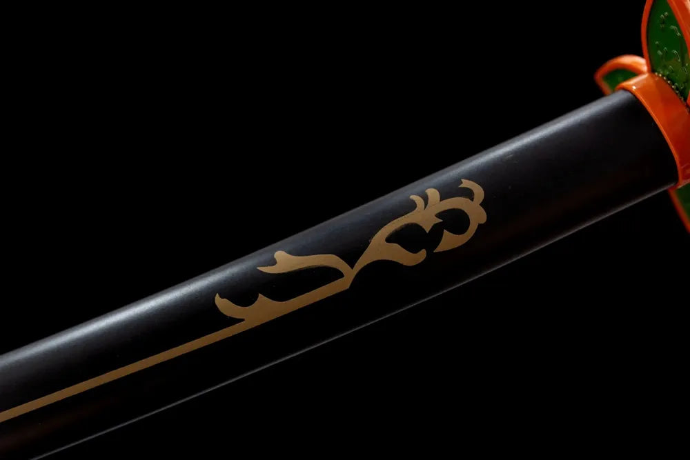 Mid‑section light‑purple hardwood saya subtle butterfly print texture close‑up