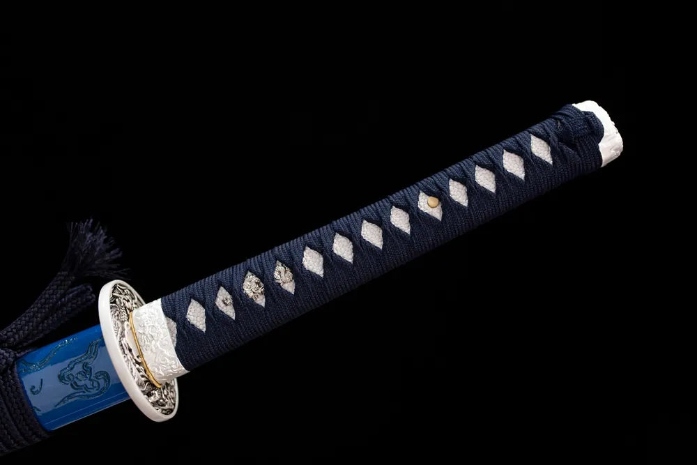 Full navy‑blue ito woven tsuka dragon‑plum‑blossom hollow alloy fittings complete front shot