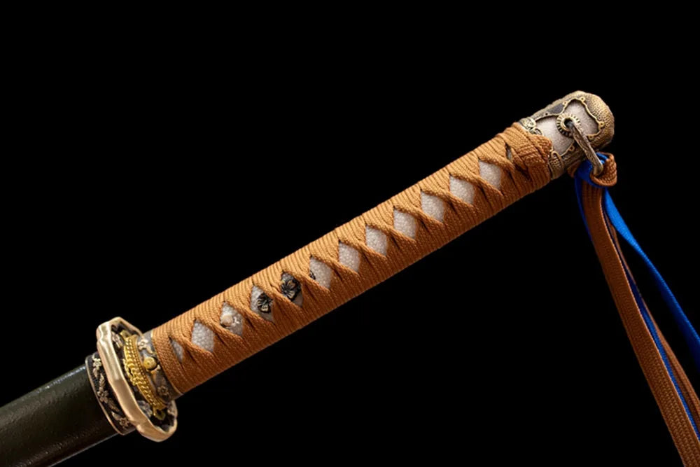 Full tan‑brown moro‑hineri ito woven tsuka aged brass floral military fittings complete front shot