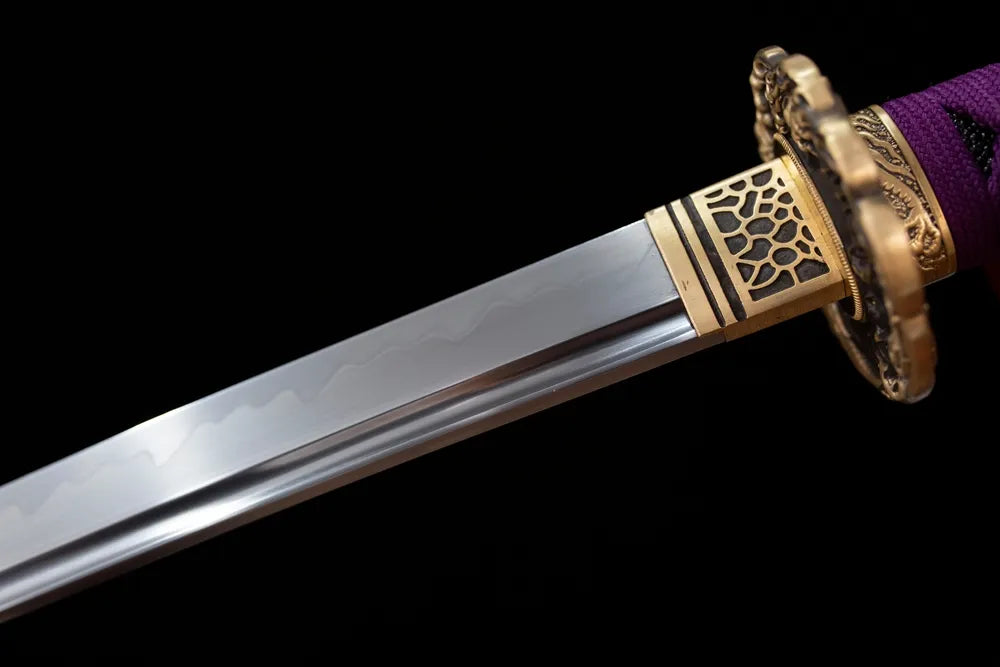 Upper T10 clay‑tempered katana blade brass habaki midare‑gunome wind‑thunder shifting hamon temper‑line macro close‑up