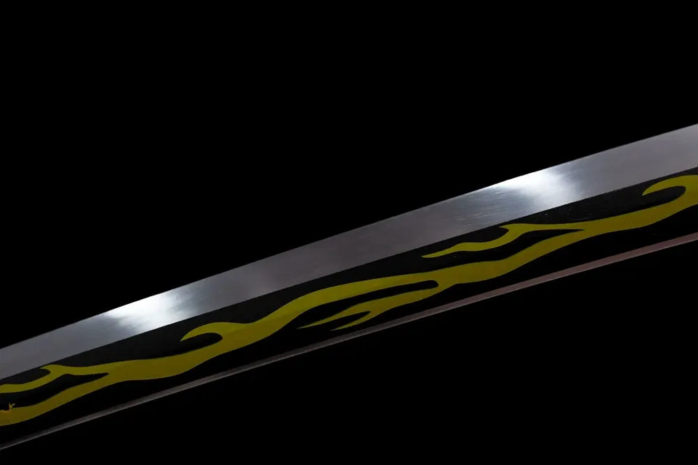 Mid‑section golden lightning decorative printed steel blade surface texture shot
