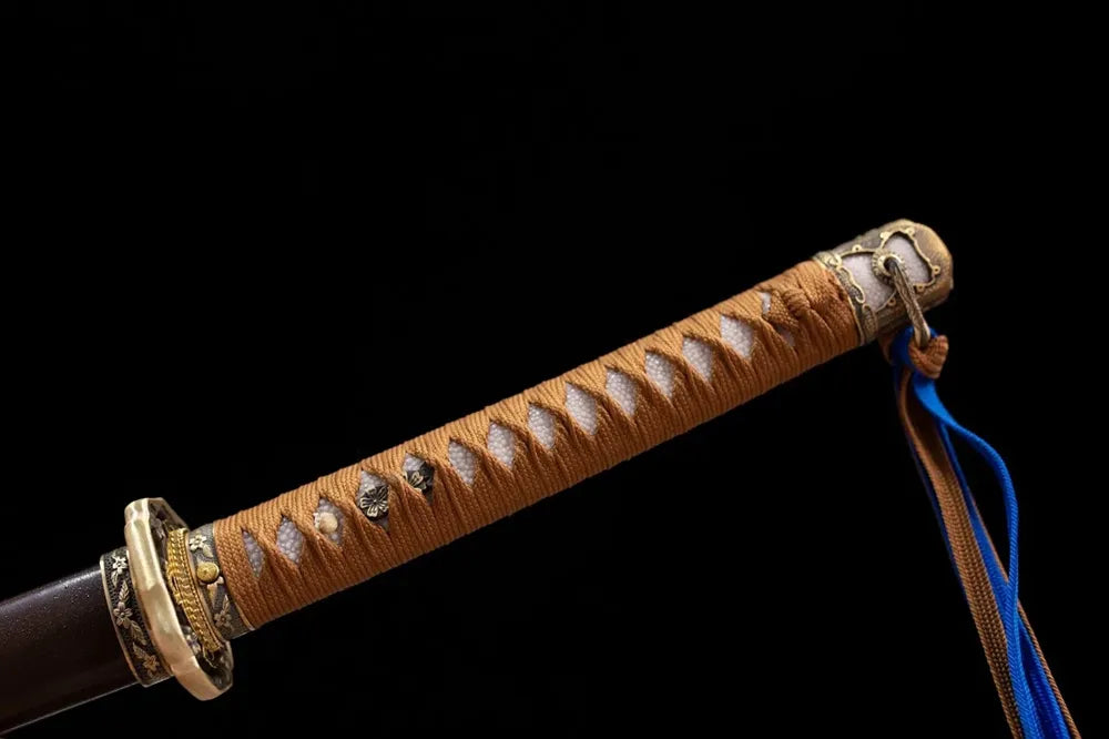 Full tan‑brown ito woven tsuka floral‑engraved brass military fittings complete front shot