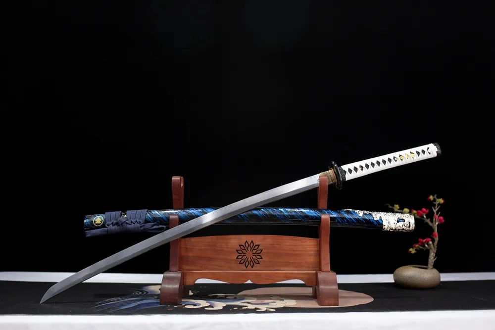 Slanted upright drawn long Ghost‑Of‑Tsushima‑theme katana wooden shelf front perspective