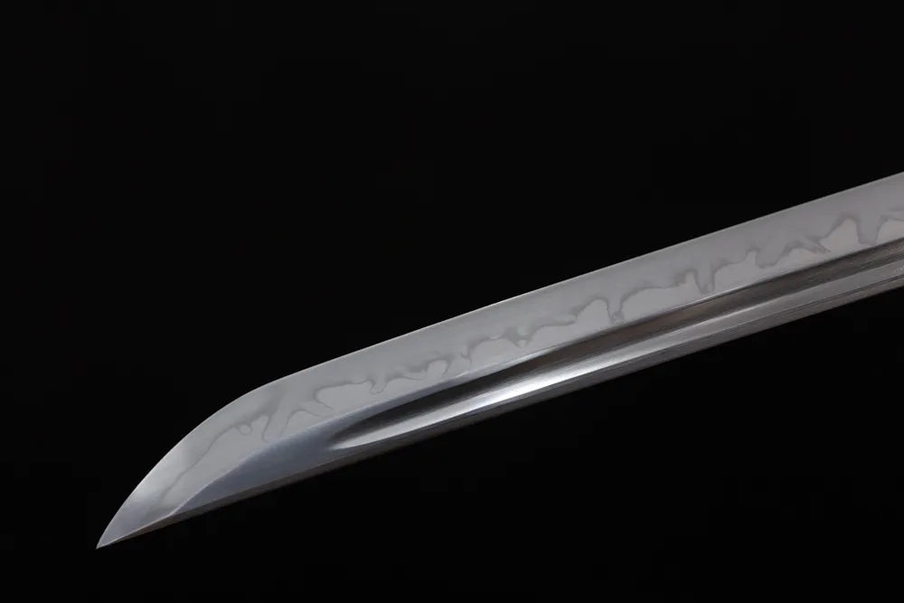 Classic functional katana‑style kissaki tip of Sunflower‑Katana blade close‑up view