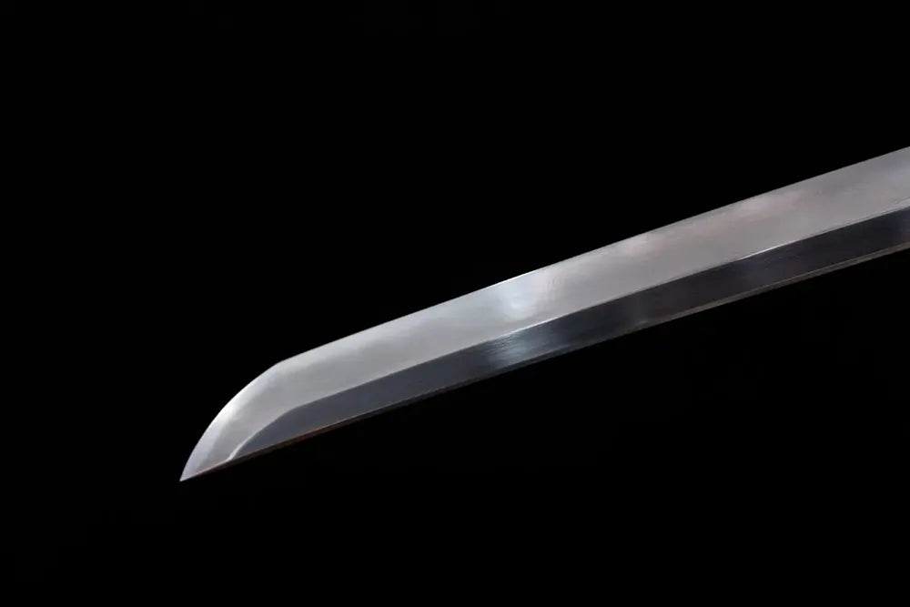 Classic functional katana‑style kissaki tip of Silver‑Tiger‑Katana blade close‑up view