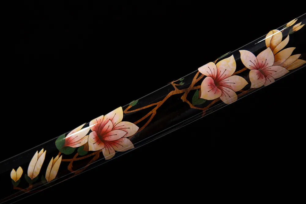 Mid hand-painted peach blossom black lacquer sheath texture