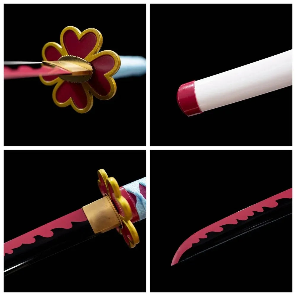 Four‑grid collage golden sakura‑flower tsuba, light‑blue‑pink tsuka, white saya, pink wave‑blade close‑up details