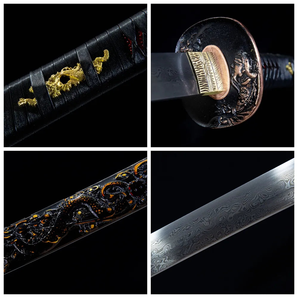 4-grid collage ink scar katana component close-ups
