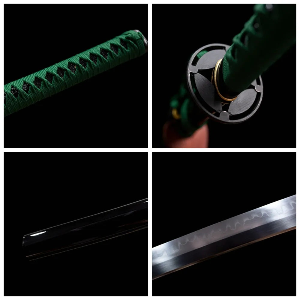 Four‑grid collage green‑python‑relief aged‑alloy tsuba, forest‑green ito tsuka, dark‑green gradient python‑textured saya, composite mixed hamon blade close‑up details