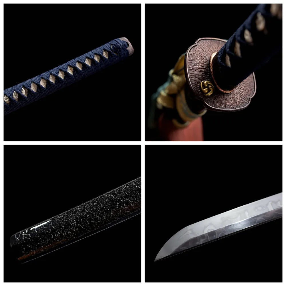 Four‑grid collage star‑pattern brass tsuba, dark‑purple‑black ito tsuka, star‑gradient saya, cosmic‑etched blade close‑up details