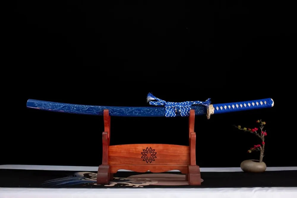 Horizontal laid closed deep‑indigo‑blue tide‑ocean‑seadragon Sea‑Dragon‑God‑Katana scabbard flat table‑top front display