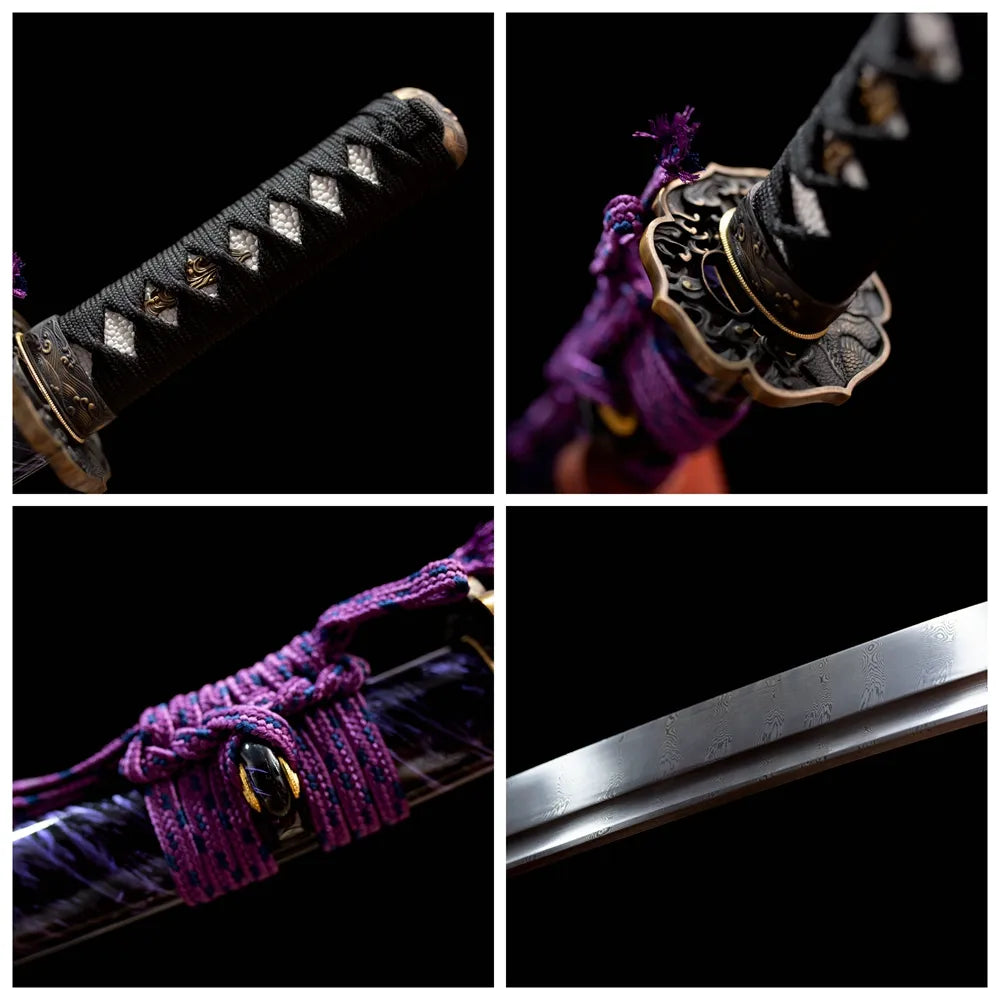 Four‑grid collage snake‑relief antique‑bronze tsuba, black ito tsuka, purple‑black python‑grain saya, t10 hamon blade close‑up details