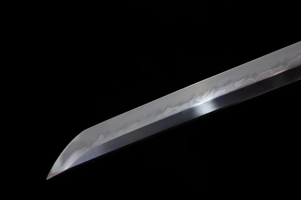 Classic functional katana‑style kissaki tip of Late‑Autumn‑Katana blade close‑up view