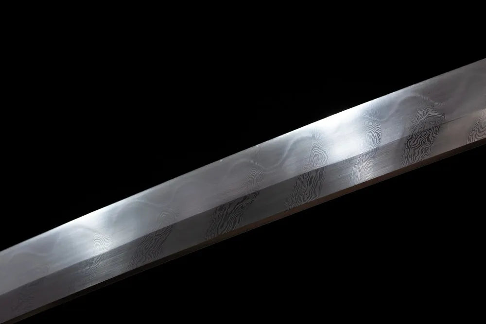 Mid‑section natural wave‑pattern flowing grain damascus‑steel katana blade surface close‑up shot