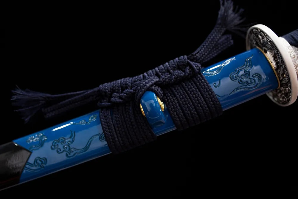 Thick navy‑blue heavy‑cotton braided sageo cord alloy fitting macro close‑up