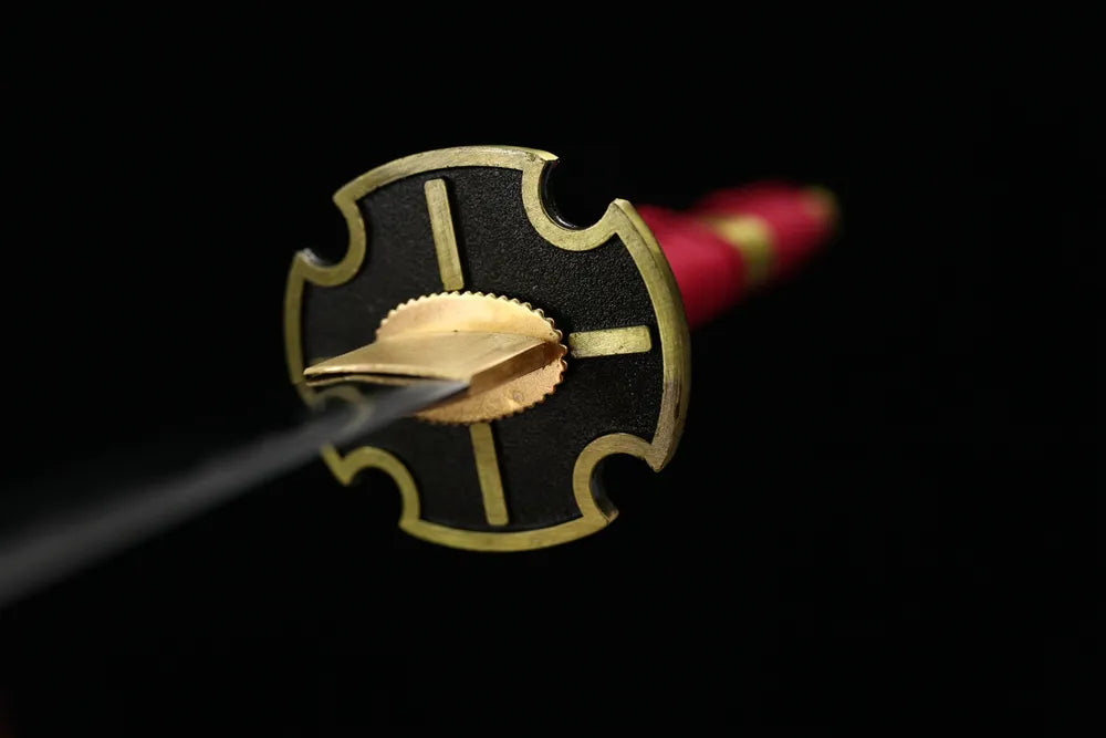Front iconic hollow cross‑shape alloy demon‑sword hand‑guard close‑up