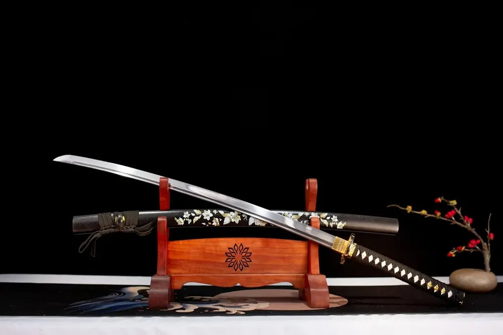 45‑angle open full‑size Peony‑Katana japanese peony floral‑aesthetic‑motif samurai katana two‑layer wooden stand front view