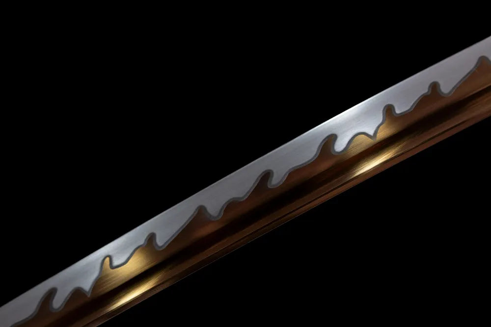 Mid‑section wave‑style hamon steel tachi blade surface close‑up shot