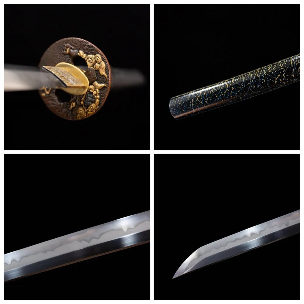 Four‑grid collage aged‑bronze‑gilded cloud‑auspicious‑beast‑relief tsuba, black‑cotton ito tsuka, black‑gold‑flake‑speckled saya, sanbonsugi three‑cedar‑tree flowing‑undulating hamon blade close‑up details