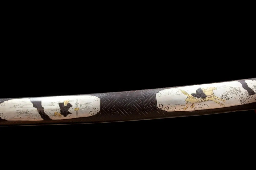 Mid‑section gold‑leaf maki‑e lacquer hardwood tachi saya gilded mansion‑crest print texture close‑up