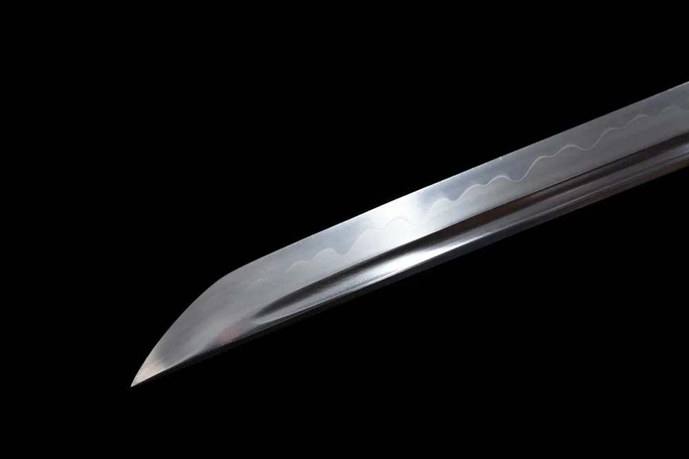Classic functional katana‑style kissaki tip of Raijin‑Fujin‑Katana blade close‑up view