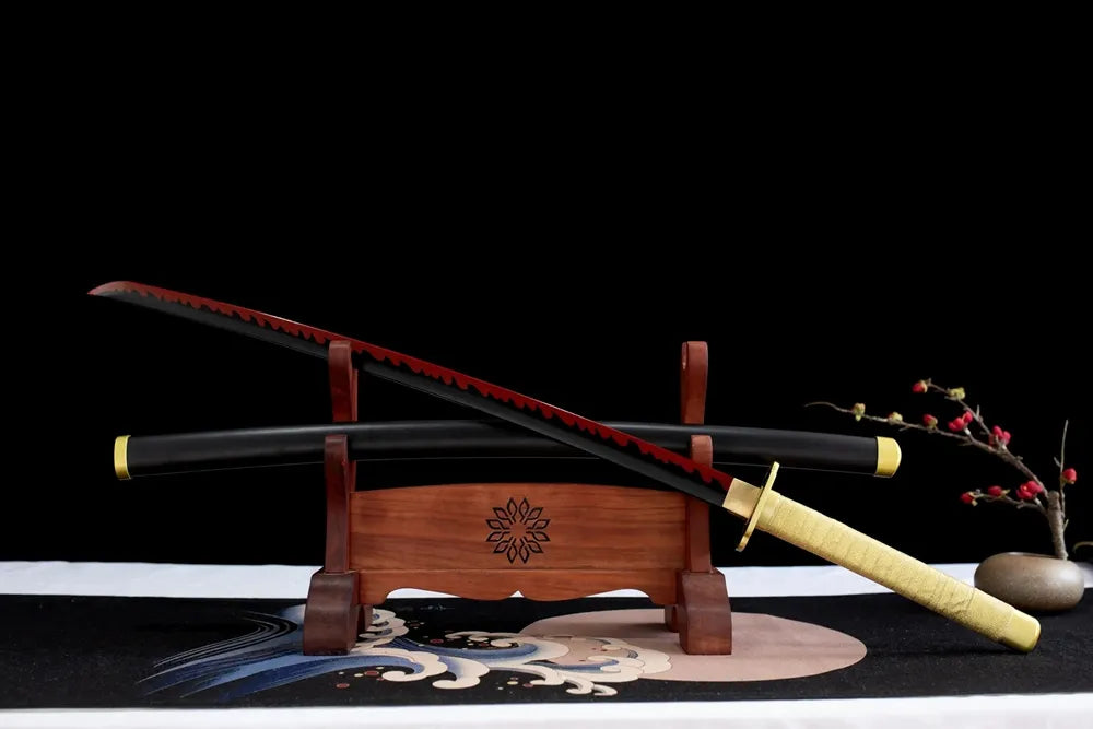 45‑angle open full‑size Yoriichi Tsugikuni katana two‑layer wooden stand front view