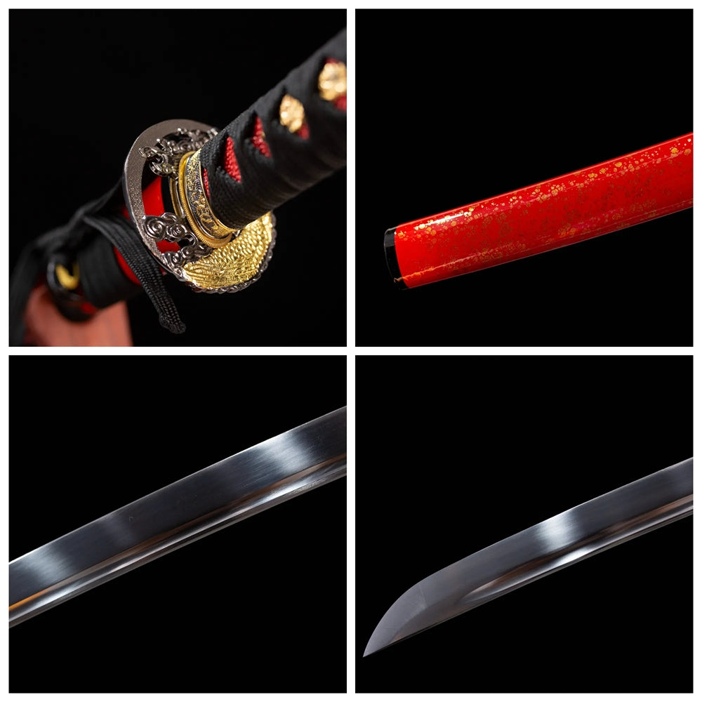 Four‑grid collage gilded‑alloy salamander‑amphibian‑beast‑relief tsuba, black‑red mixed ito tsuka, bright‑red golden‑speck scattered‑gold saya, plain‑surface clean blade finish close‑up details