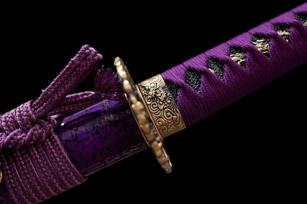 Wisteria‑scroll‑relief purple‑toned purple‑gild fuchi grip‑ring macro close‑up