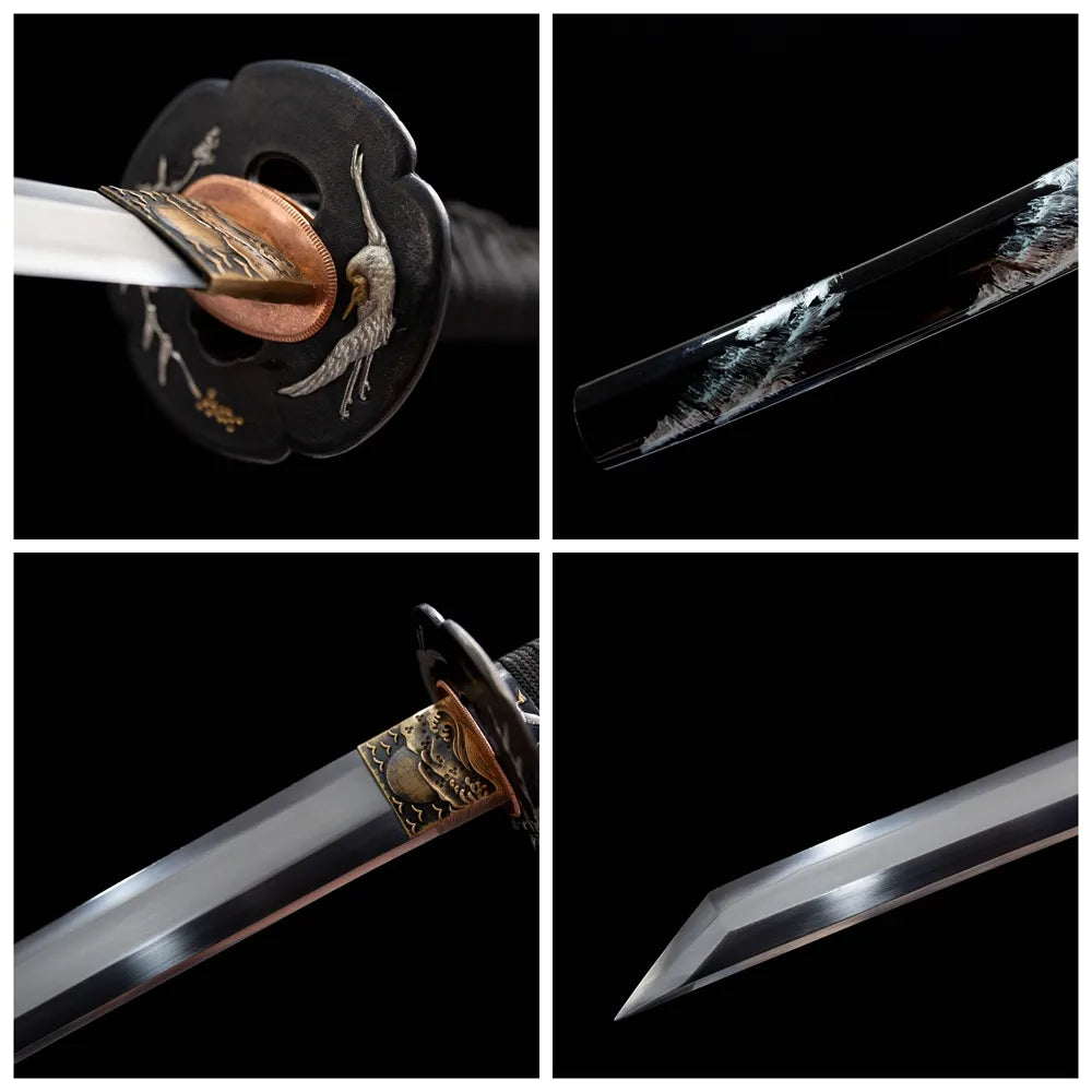 Four grid collage crane tsuba, pine saya, blade tip & tsuka close-ups