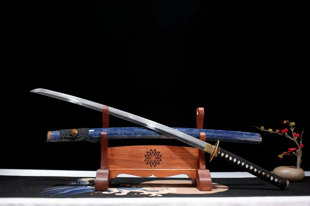 45‑angle open full‑size Blue‑Moon‑Katana nocturnal blue‑moon star‑cloud poetic‑motif samurai katana two‑layer wooden stand front view