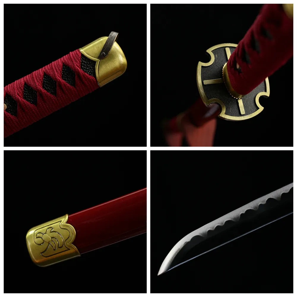 Four‑grid collage cross‑shape alloy tsuba, red tsuka, bright‑red saya, blade close‑ups