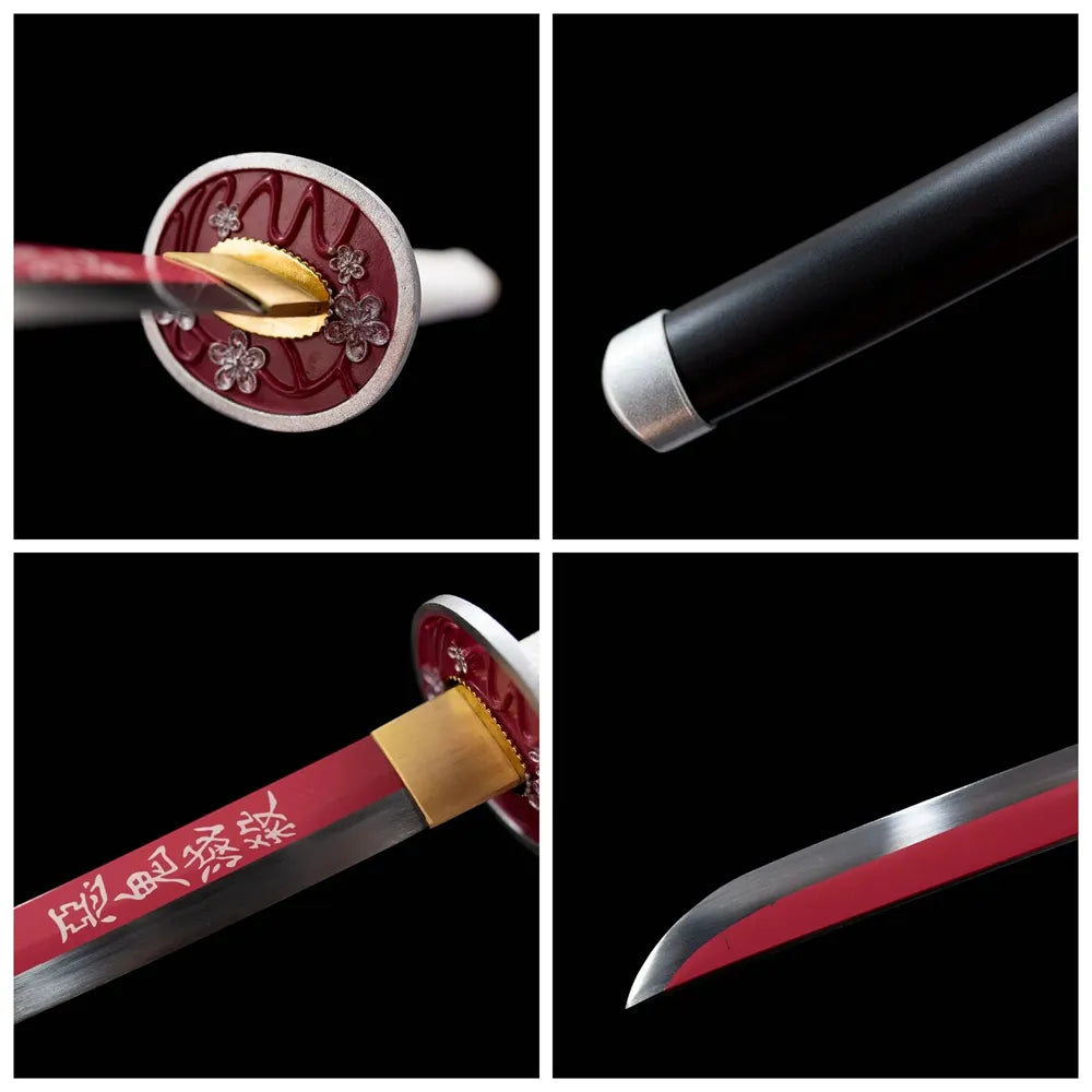 Four‑grid collage sakura engraved tsuba, pink‑white tsuka, cherry‑blossom saya, blade close‑ups