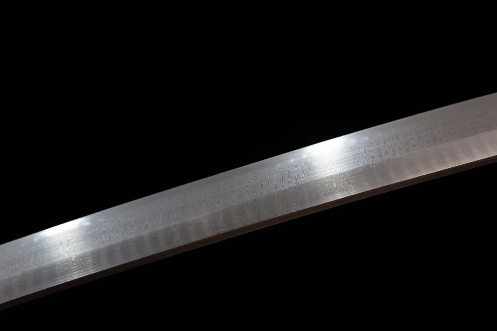 Mid‑section natural‑fold flowing‑layer‑pattern hamon damascus steel katana blade surface close‑up shot