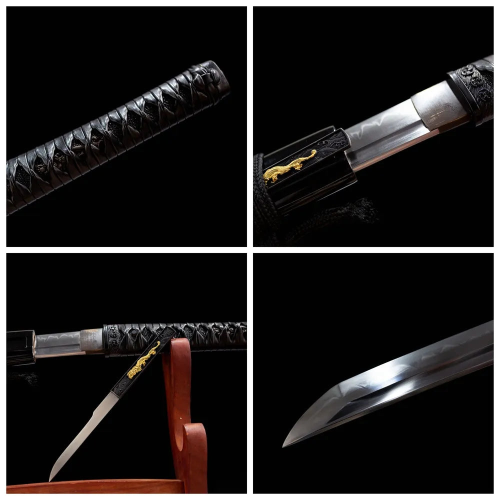 Four grid collage tsuka, dragon tsuba, blade tip & black saya close-up details