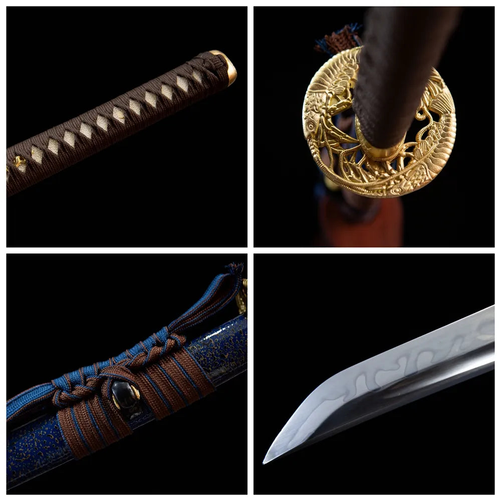Four grid collage prawn tsuba, tsuka, sageo & blade tip close-ups