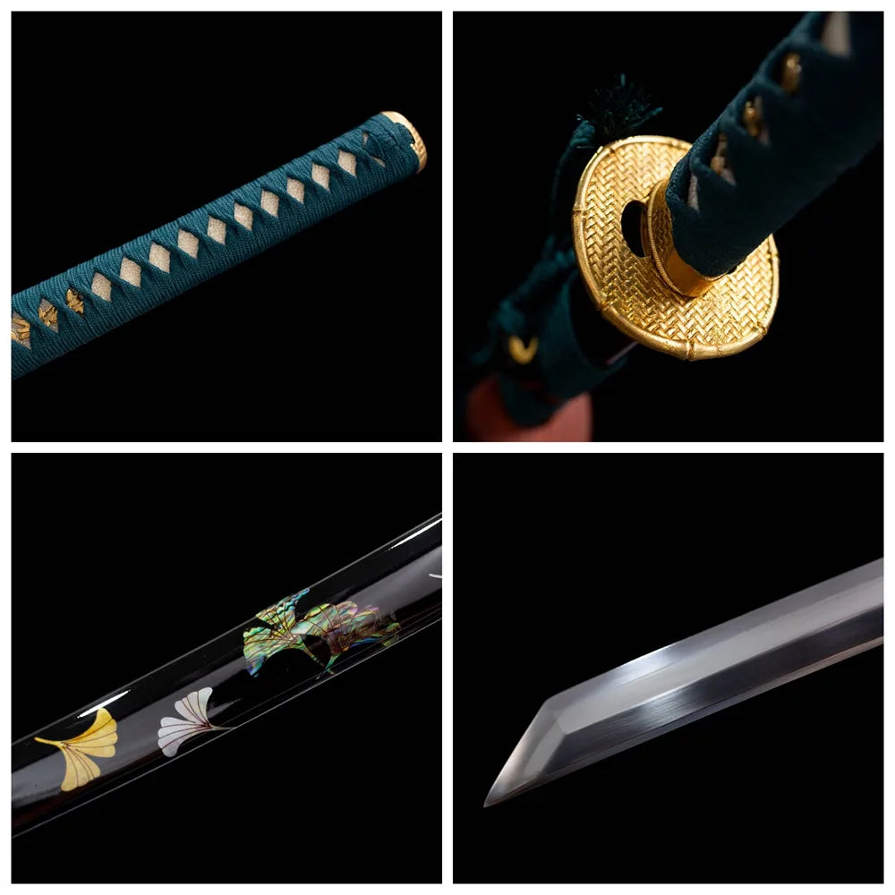 Four‑grid collage antique bronze cloud‑pattern tsuba, dark‑grey ito tsuka, ink‑blot saya, ink‑cloud etched blade close‑up details