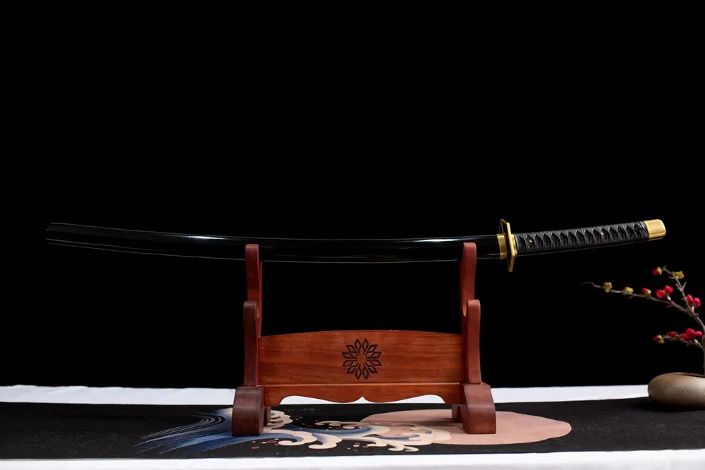 Horizontal laid closed all black Sabito demon slayer scabbard display