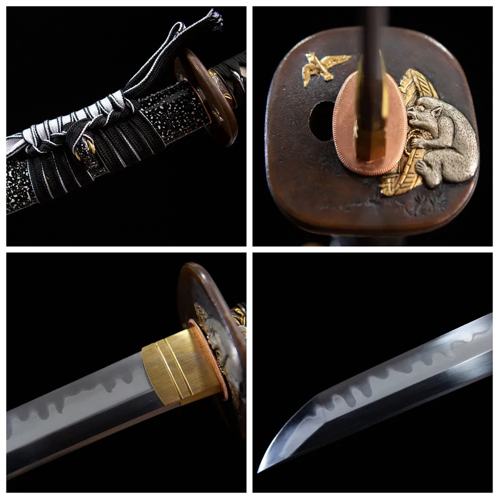 Four grid collage monkey tsuba, tsuka, blade tip & saya detail