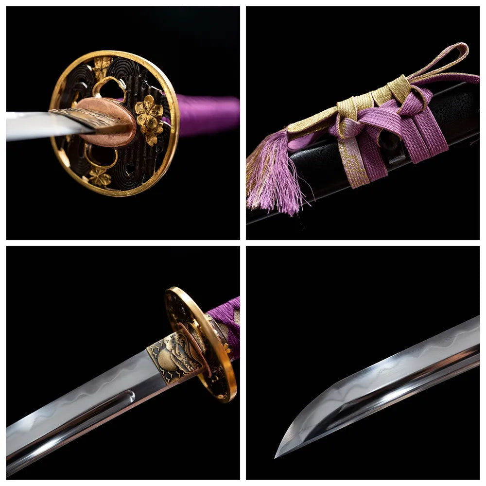 Four grid collage clover tsuba, tsuka, sage & blade tip close-ups