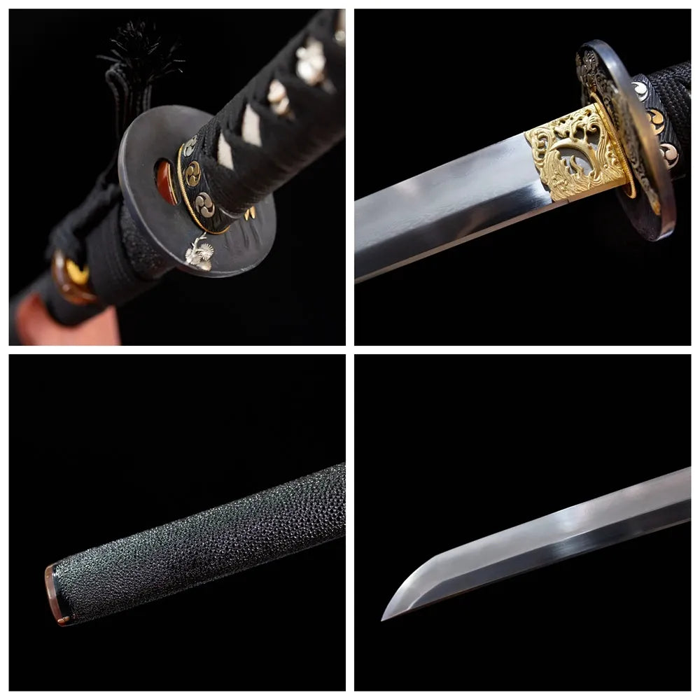 Four‑grid collage silver‑plated‑alloy tiger‑beast‑king‑relief tsuba, silver‑grey woven ito tsuka, charcoal‑grey silver‑tiger‑stripe saya, midare‑gunome tiger‑mane‑undulating hamon blade close‑up details
