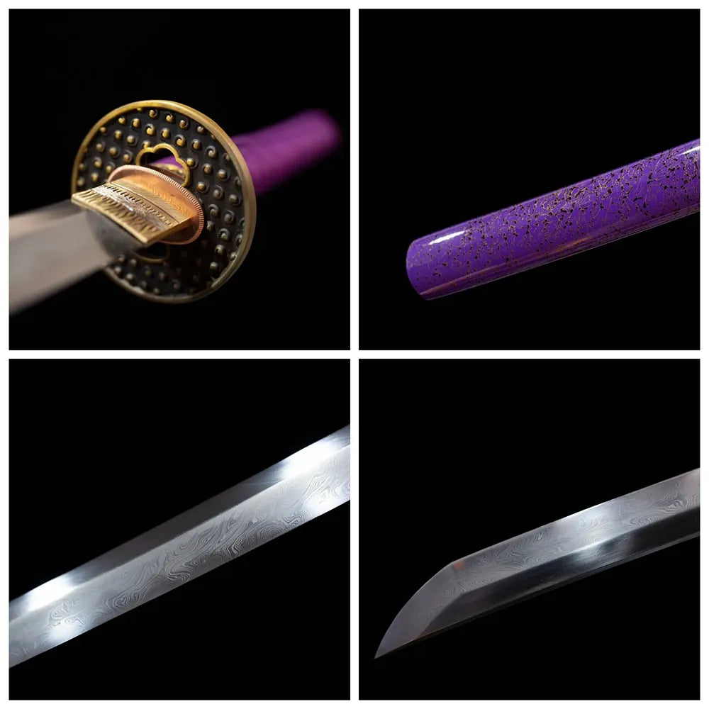 Four‑grid collage vintage‑brass dot‑embossed gold‑band tsuba, royal‑purple ito tsuka, violet‑purple shattered‑gold‑flake saya, clean suguha straight‑even hamon blade close‑up details