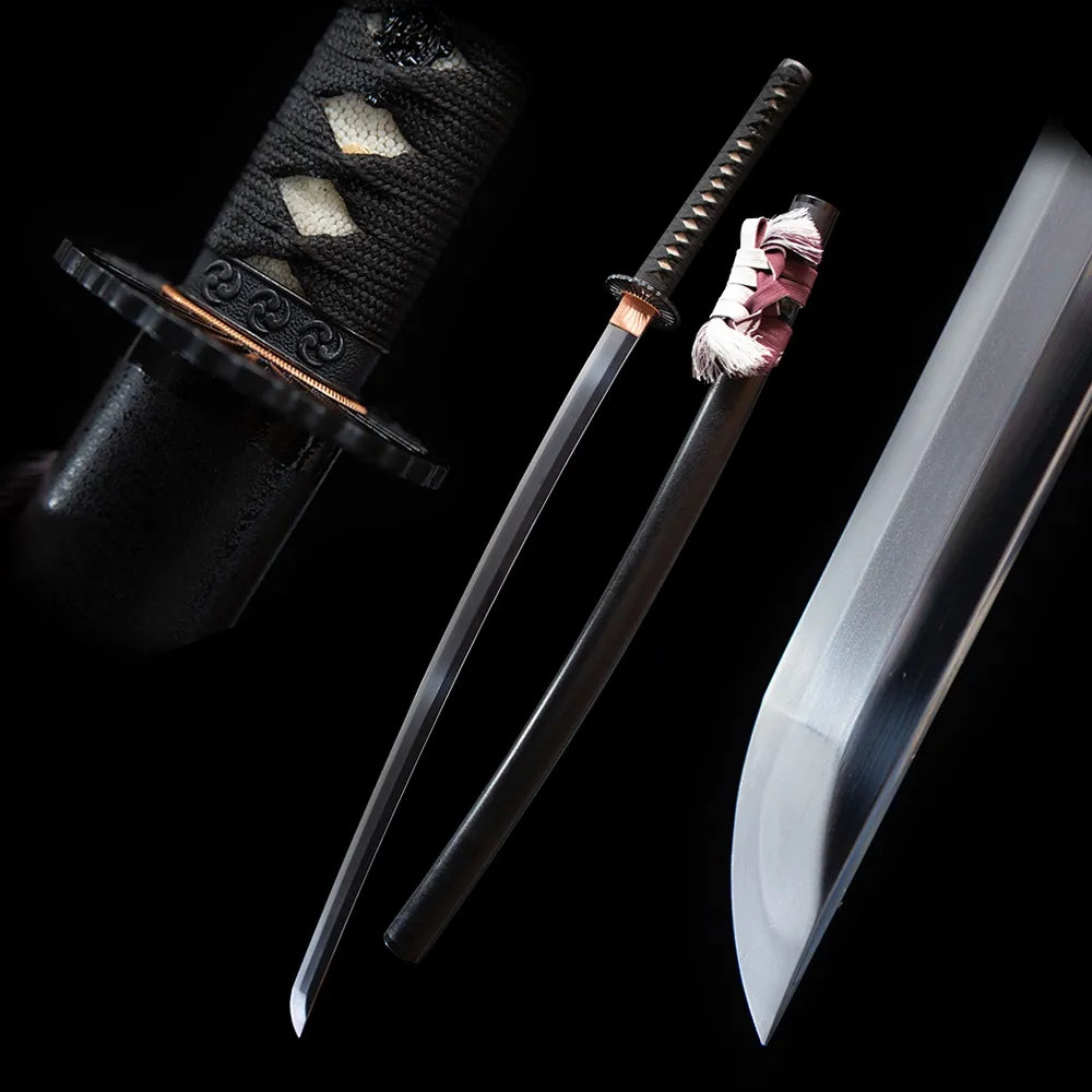 Yakuza themed katana blade and matte ebony scabbard dark studio shot
