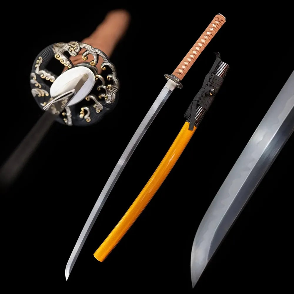 Wave‑Current‑Katana wave‑current ocean‑tide‑nature‑motif samurai katana drawn T10 midare‑choji surging‑ocean‑tide layered‑wave hamon blade deep‑ocean‑blue tide‑wave‑ripple saya full black‑background studio shot