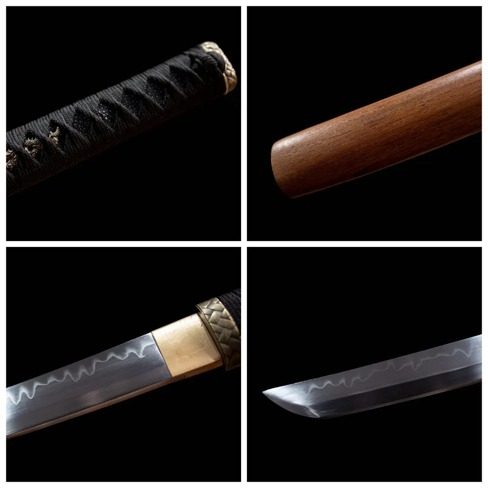 Four‑grid collage combat‑style antique‑bronze plain alloy tsuba, russet‑brown ito tsuka, matte‑brown practical hardwood saya, sanbonsugi hamon blade close‑up details