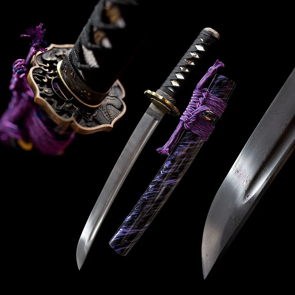 Purple‑Python‑Wakizashi dark python‑motif wakizashi short samurai sword drawn t10 clay‑tempered blade purple‑black python‑grain saya full black‑background studio shot