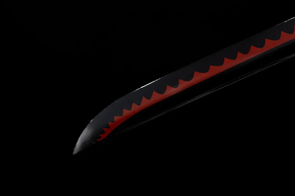 Classic heavy kissaki Shusui black blade tip close view