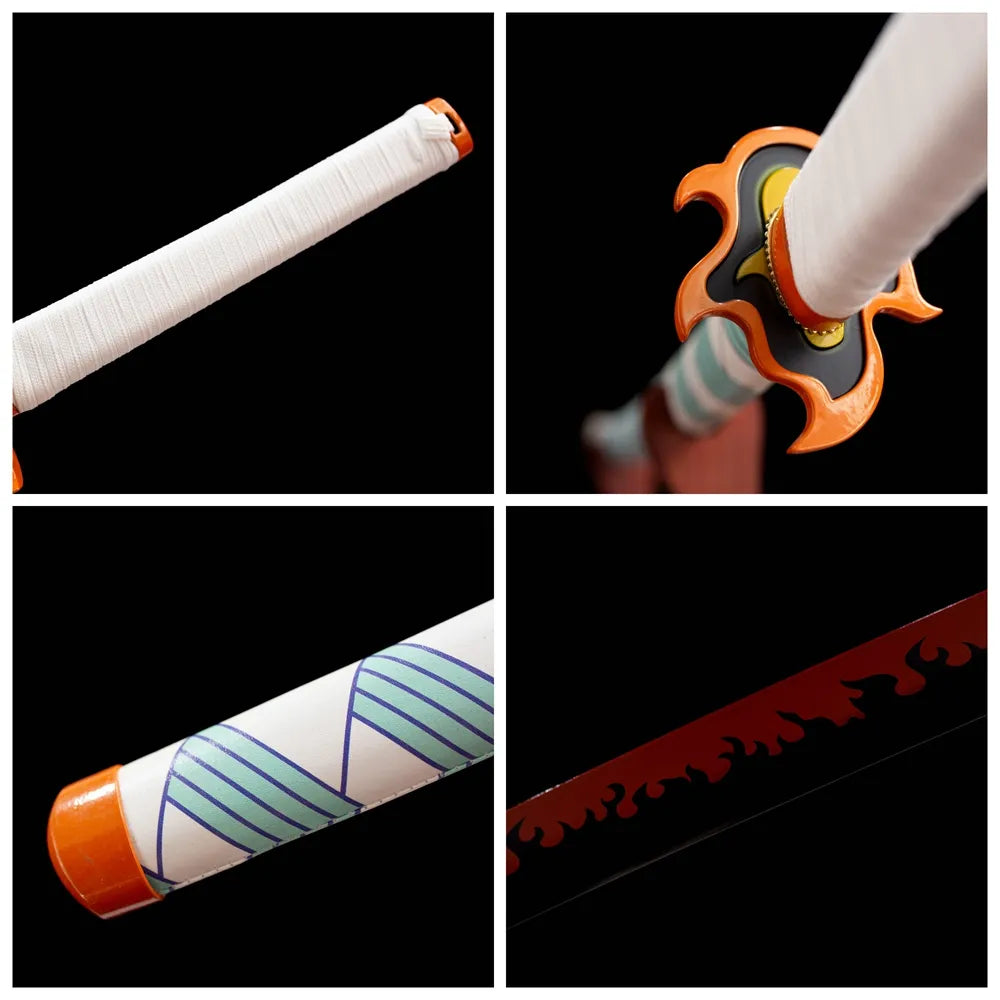 Four‑grid collage flame‑shape alloy tsuba, white‑red tsuka, wave‑print saya, blade engraving close‑ups