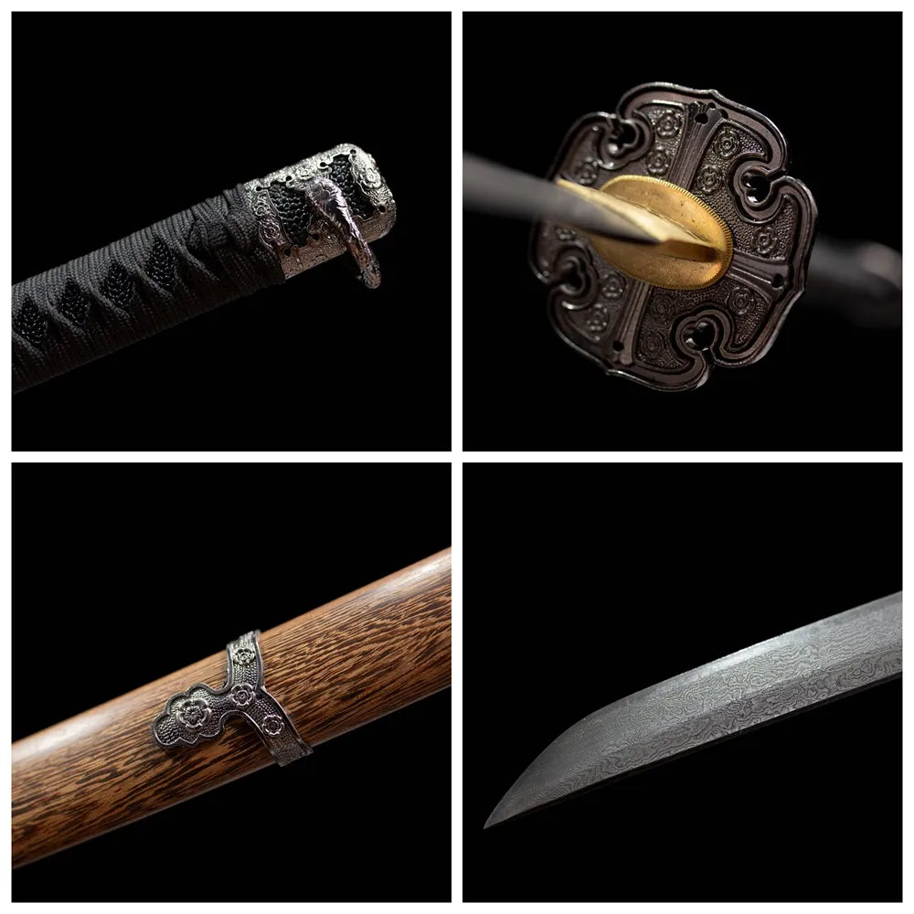 Four‑grid collage eagle‑relief brass tsuba, dark‑olive‑green ito tsuka, vintage wood‑grain saya, damascus folded‑grain blade close‑up details
