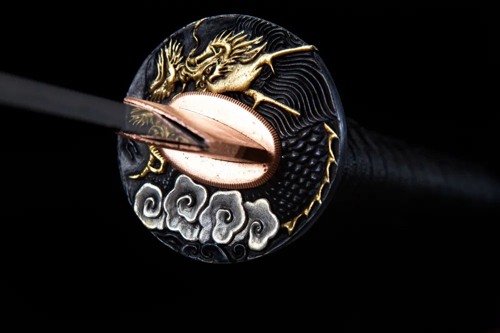 Front hollow carved double roaring dragon gilded copper hand guard